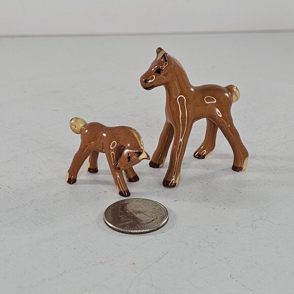 Vintage Japan Ceramic Horse Figurines Brown Glaze Set Of 2 Miniature Collectible - Picture 3 of 8